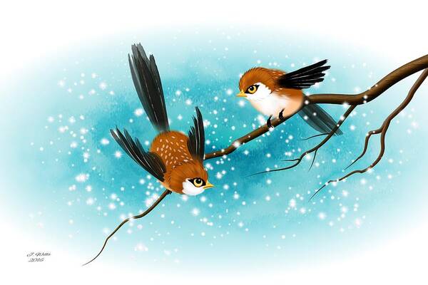 Swallows Art Print featuring the digital art Brown swallows in Winter by John Wills