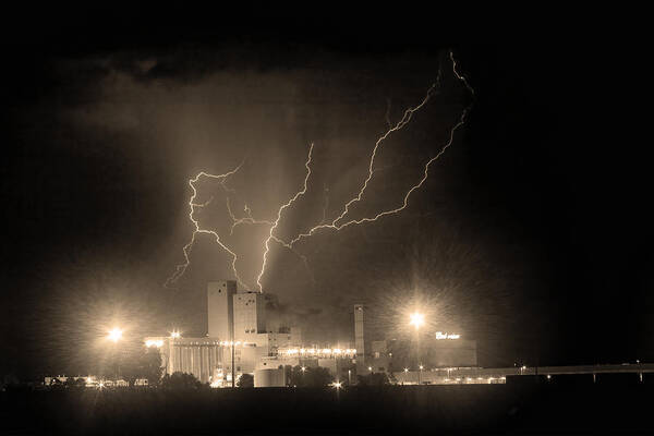 Anheuser-busch Art Print featuring the photograph Budweiser Powered by Lightning Sepia by James BO Insogna