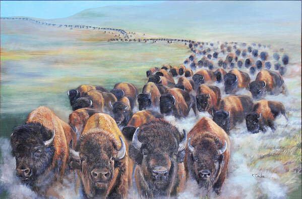 Buffalo Stampede Art Print featuring the painting Buffalo Stampede by Karen Cade