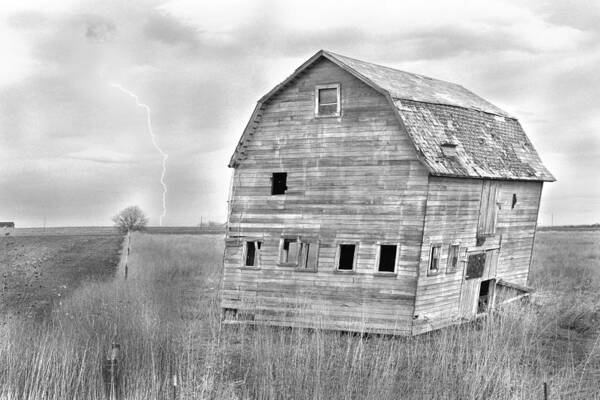 Barns Art Print featuring the photograph BW Rustic Barn Lightning Strike Fine Art Photo by James BO Insogna