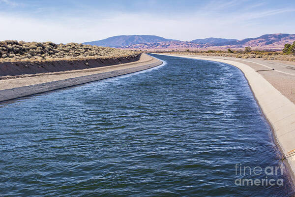 Pacific Crest Trail; Blue; Brown; California Aqueduct; Canal; Dirt; Flowing Water; Green; Joe Lach; Overpass; River; Sidewalk; Stream; Trail; Walking Path; Water Art Print featuring the photograph California Aqueduct S Curves by Joe Lach