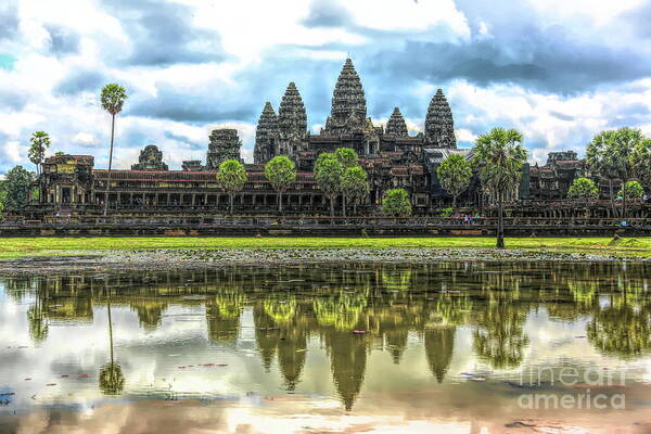Angkor Wat Art Print featuring the digital art Cambodia Panorama Angkor Wat Reflections by Chuck Kuhn