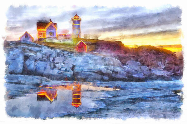 Landscape Art Print featuring the photograph Cape Neddick Light Watercolor by Betty Denise