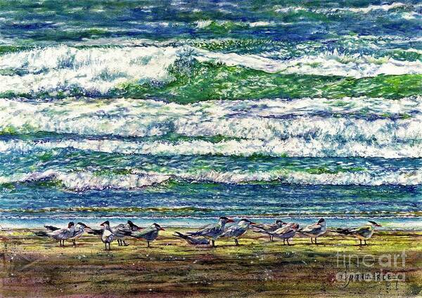 Coastal Birds Art Print featuring the painting Caspian Terns by the Ocean by Cynthia Pride