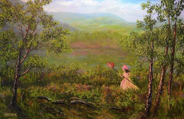 Girl Art Print featuring the painting Catching Butterflys by Michael Mrozik