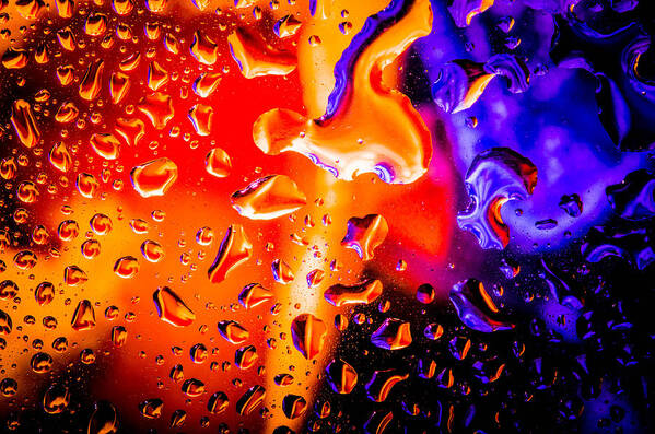 Macro Closeup Water Drops Space Orange Purple Bruce Pritchett Photography Art Print featuring the photograph Celestial Fusion Break by Bruce Pritchett