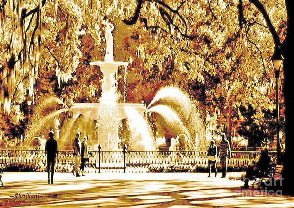 Savannah Historic District Art Print featuring the digital art Champagne Twilight Forsyth Park Fountain in Savannah Georgia USA by Aberjhani