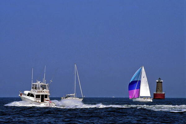 Motoryacht Speeding Past Sailboats Art Print featuring the photograph Chesapeake Bay Action by Sally Weigand