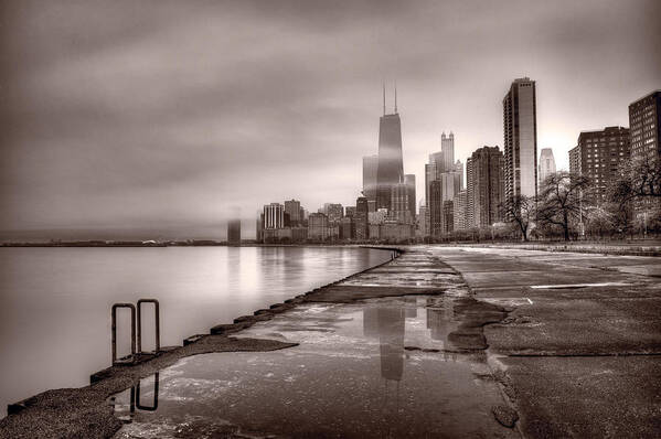 Chicago Art Print featuring the photograph Chicago Foggy Lakefront BW by Steve Gadomski