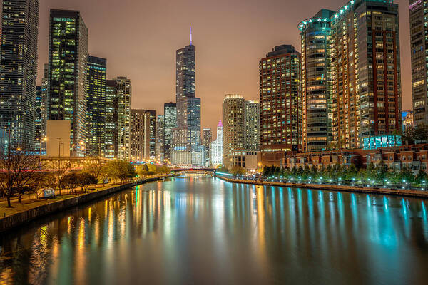 Chicago Art Print featuring the photograph Chicago River at Night by James Udall