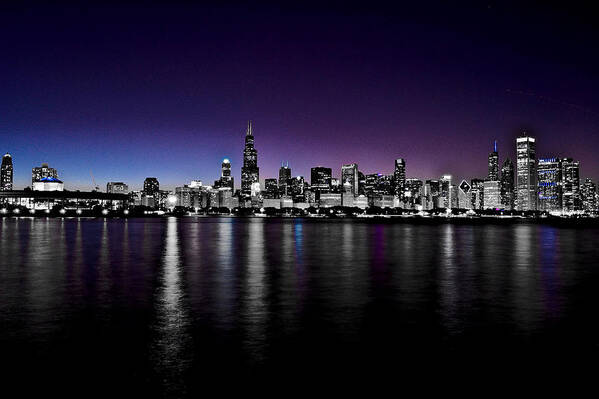 Architecture Art Print featuring the photograph Chicago Skyline BnW with blue-purple by Richard Zentner