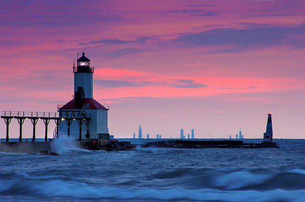 Chicago Art Print featuring the photograph Chicago Skyline Lighthouse by Jackie Novak