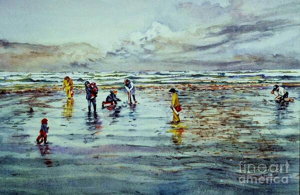 Cynthia Pride Watercolor Painting Art Print featuring the painting Clamdigging Family by Cynthia Pride