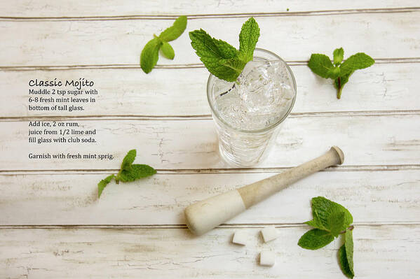 Alcohol Art Print featuring the photograph Classic Mojito cocktail with fresh mint sprigs and recipe by Karen Foley