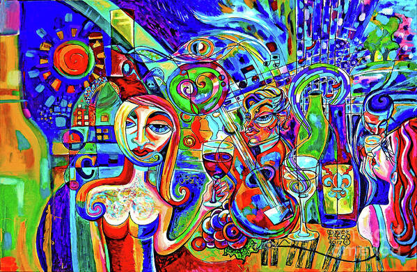 Wine Art Print featuring the painting City At Night Music And Wine Abstract by Genevieve Esson