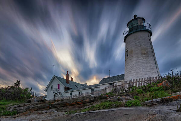 Pemaquid Point Lighthouse Art Print featuring the photograph Cloudy Sunset at Pemaquid Point by Kristen Wilkinson