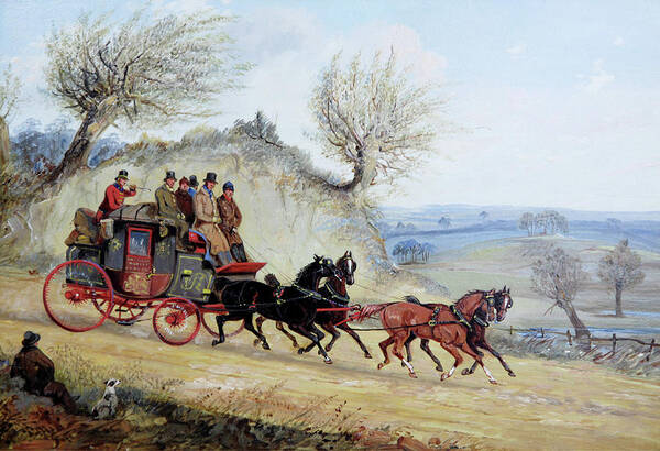 Coaching Oil Of A Royal Mail Coach Crossing Landscape Passing Seated Man With His Dog By Samuel Henry Alken Art Print featuring the painting Coaching oil of a Royal Mail coach crossing landscape by MotionAge Designs