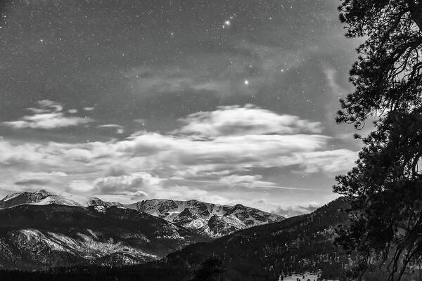 Night Art Print featuring the photograph Colorado Rocky Mountain Evening View in Black and White by James BO Insogna