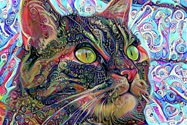 Psychedelic Cat Art Print featuring the digital art Colorful Psychedelic Cat Art by Peggy Collins