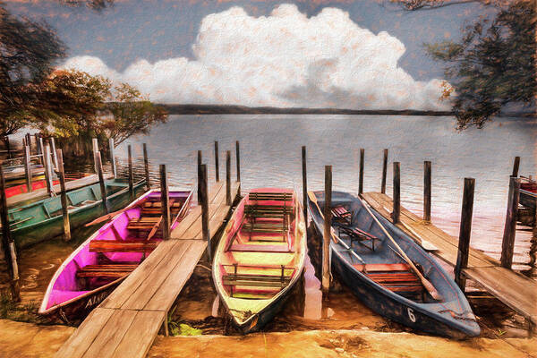 Boats Art Print featuring the photograph Colorful Rowboats at the Lake Pastels Oil Painting by Debra and Dave Vanderlaan