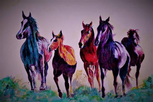 Horse Art Print featuring the painting Colors in wild by Khalid Saeed