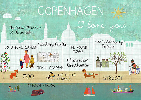 Copenhagen I Love You Art Print featuring the mixed media Copenhagen I love you by Claudia Schoen