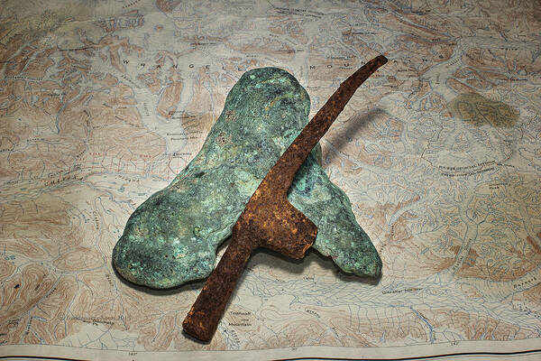 Copper Nugget Art Print featuring the photograph Copper Nugget Rock Hammer and Map by Fred Denner