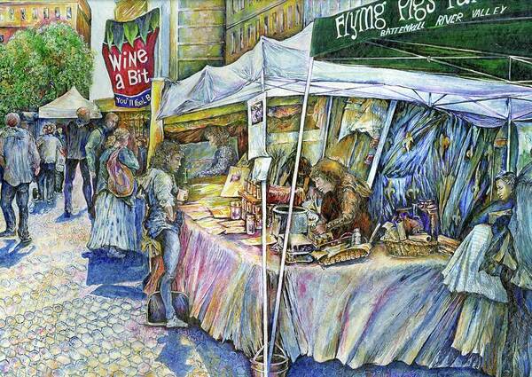 Union Square New York City Art Print featuring the painting Corner of Flying Pigs and Wine a Bit by Gaye Elise Beda