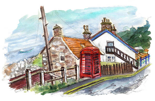 Travel Art Print featuring the painting Cottages In Runswick Bay by Miki De Goodaboom