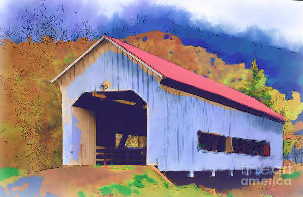 Covered Bridge Art Print featuring the digital art Covered Bridge With Red Roof by Kirt Tisdale