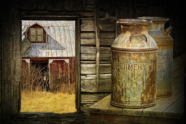 Art & Collectibles Art Print featuring the photograph Creamery Milk Cans with Window View of an Old Red Barn by Randall Nyhof