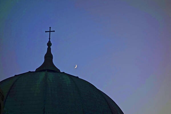 Photo Catholic Cross On Top Of Church With Moon In Sky Art Print featuring the photograph Cross and Moon by Joan Reese