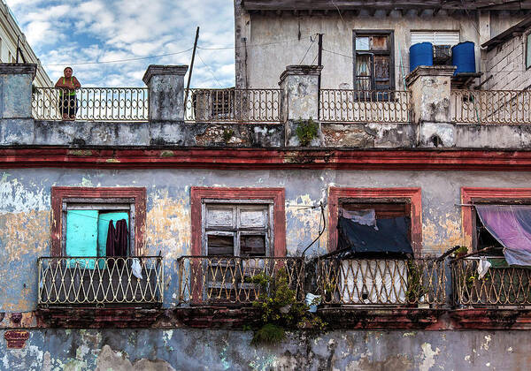 Cuban Woman At Calle Bernaza Havana Cuba Photography By Charles Harden Dilapidated Apartment Building Rusty Balconies Art Print featuring the photograph Cuban Woman at Calle Bernaza Havana Cuba by Charles Harden