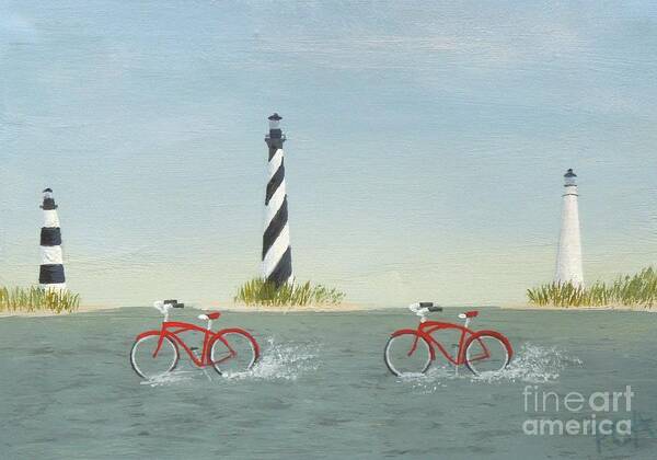 Red Bicycles Art Print featuring the painting Cycling the Pamlico Sound by Phyllis Andrews
