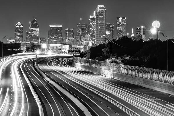Dallas Skyline Art Print featuring the photograph Dallas Skyline at Night in Black and White by Gregory Ballos