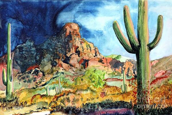 Arizona Art Print featuring the painting Dark Storm on Fire Rock by Tom Riggs
