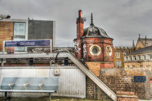 Deptford Station Tube Train London England Uk Britain Gritty Skies Surreal Graffiti Art Print featuring the photograph Deptford Station by Ross Henton