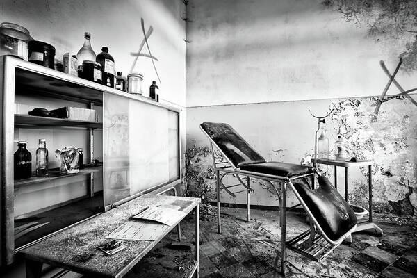 Abandoned Building Art Print featuring the photograph Doctors chair awaits patient - Urban decay by Dirk Ercken
