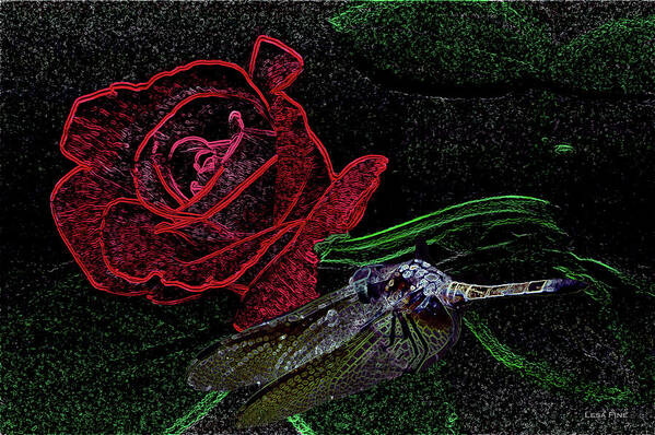 Dragonfly Art Print featuring the photograph Dragonfly Dash With The Rose Neon by Lesa Fine