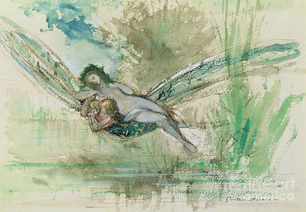 Dragonfly Art Print featuring the painting Dragonfly by Gustave Moreau