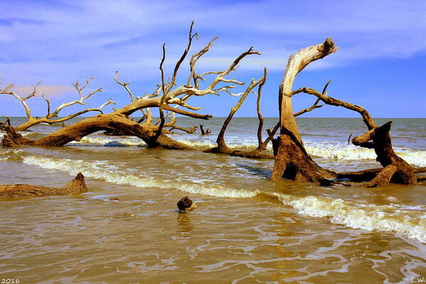 Driftwood And Waves Art Print featuring the photograph Driftwood And Waves by Lisa Wooten
