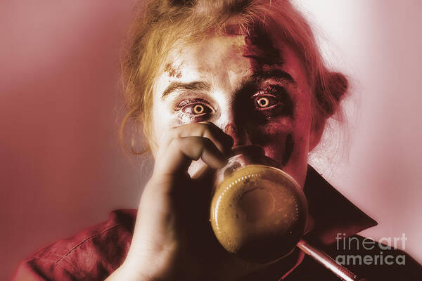 Zombie Art Print featuring the photograph Drunk ghoul sculling beer at Halloween party by Jorgo Photography