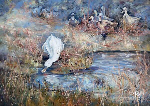 Ducks Art Print featuring the painting Ducks. Split opposite colour harmony. by Ryn Shell