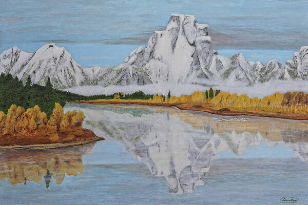 Teton Snowfall Art Print featuring the painting Early Snowfall at Oxbow by L J Oakes