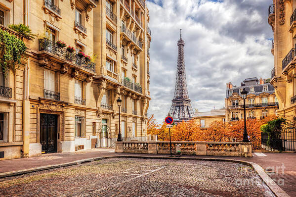 Paris Art Print featuring the photograph Eiffel Tower seen from the street in Paris, France. Cobblestone pavement by Michal Bednarek