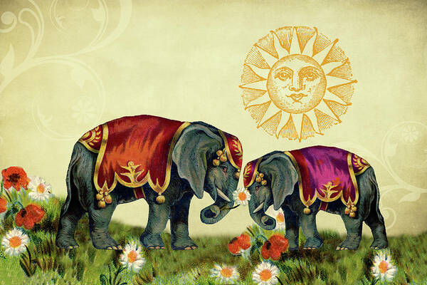 Elephants Art Print featuring the mixed media Elephant Love by Peggy Collins