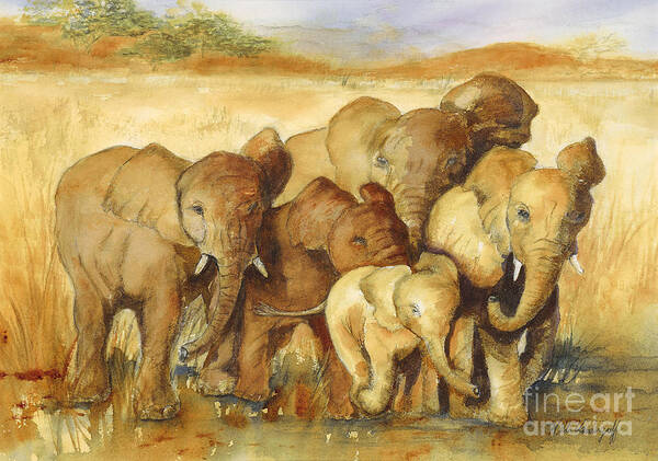 Elephants Art Print featuring the painting Elephants by Hilda Vandergriff