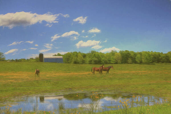 Horses Art Print featuring the digital art Enjoying Spring by Sharon Batdorf