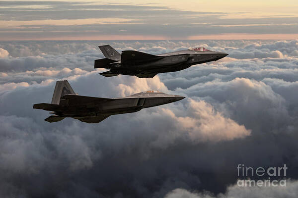 F35 And F22 Art Print featuring the digital art F22 with F35 by Airpower Art
