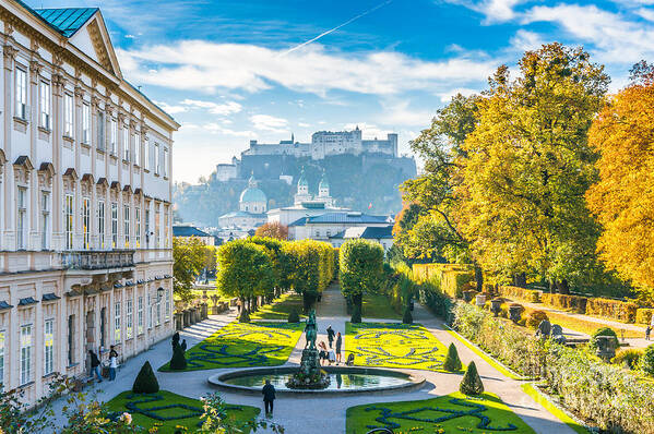 Alps Art Print featuring the photograph Famous Mirabell Gardens with historic Fortress in Salzburg, Aust by JR Photography